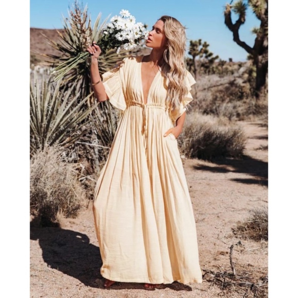 SOLD OUT Cream Gauze Boho Raw Hem Button Maxi Dress - Picture 2 of 11